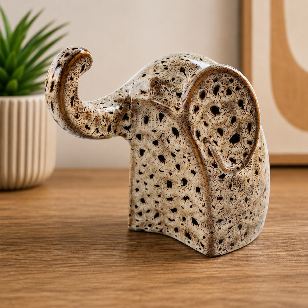 VTG MCM Speckled Ceramic Elephant Figurine Leopard Print Safari Decor Trunk Up